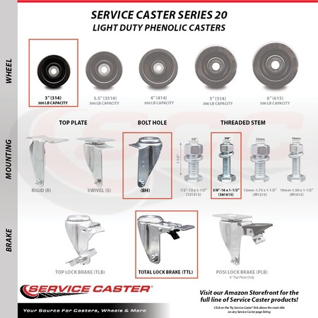 Service Caster 3 Inch SS Phenolic Swivel 3/8 Inch Threaded Stem Caster Set Total Lock Brake SCC SCC-SSTSTTL20S314-PHS-381615-4